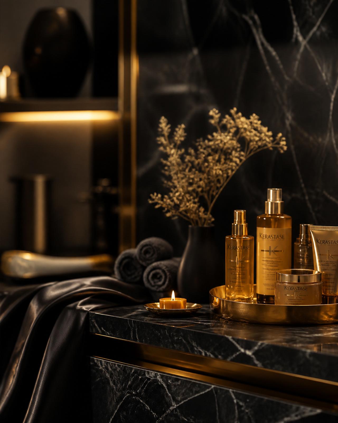 Ambiente premium do Spazio Rivia Cruz com detalhes dourados e produtos de beleza